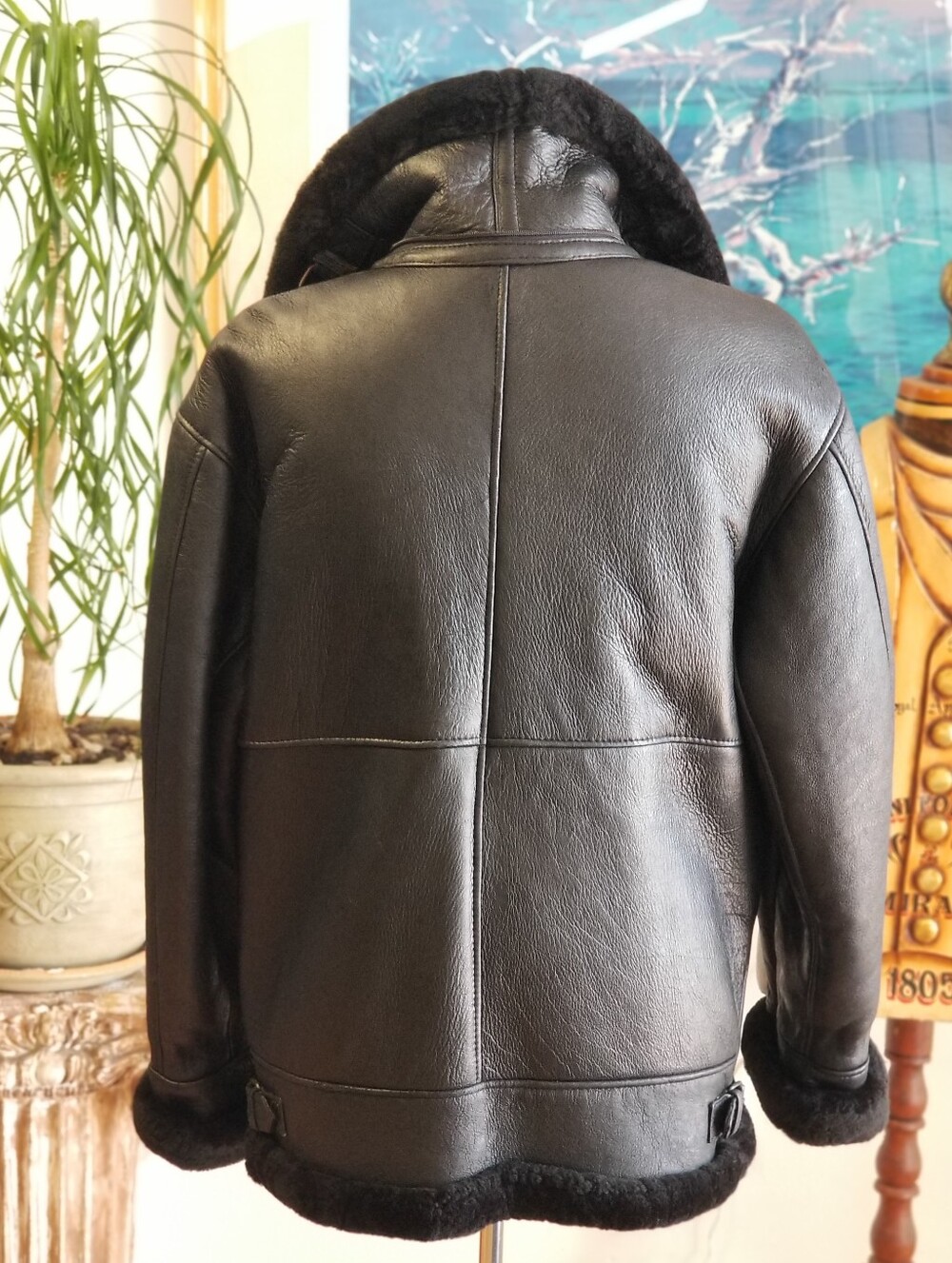 Men's Black Shearling Bomber Jacket - Picture 8 of 11